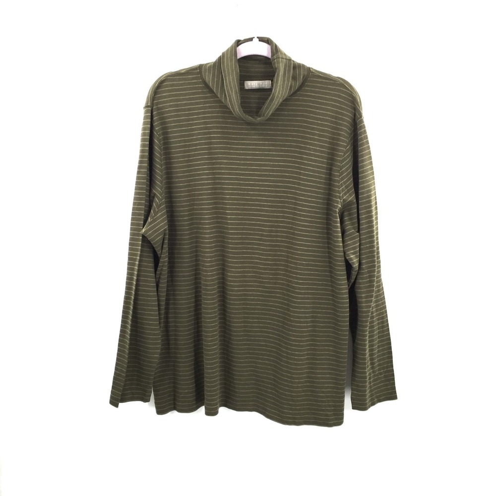 NEW Kate Hill Forest Green Stripped Long Sleeve Turtleneck top classic cotton 2X